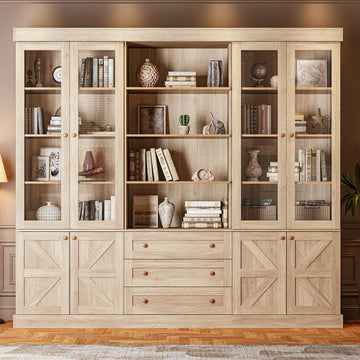 71" Tall Farmhouse Kitchen Pantry Cabinet Set of 3, Large Brown Freestanding Wood Storage Hutches with Glass Doors, 3