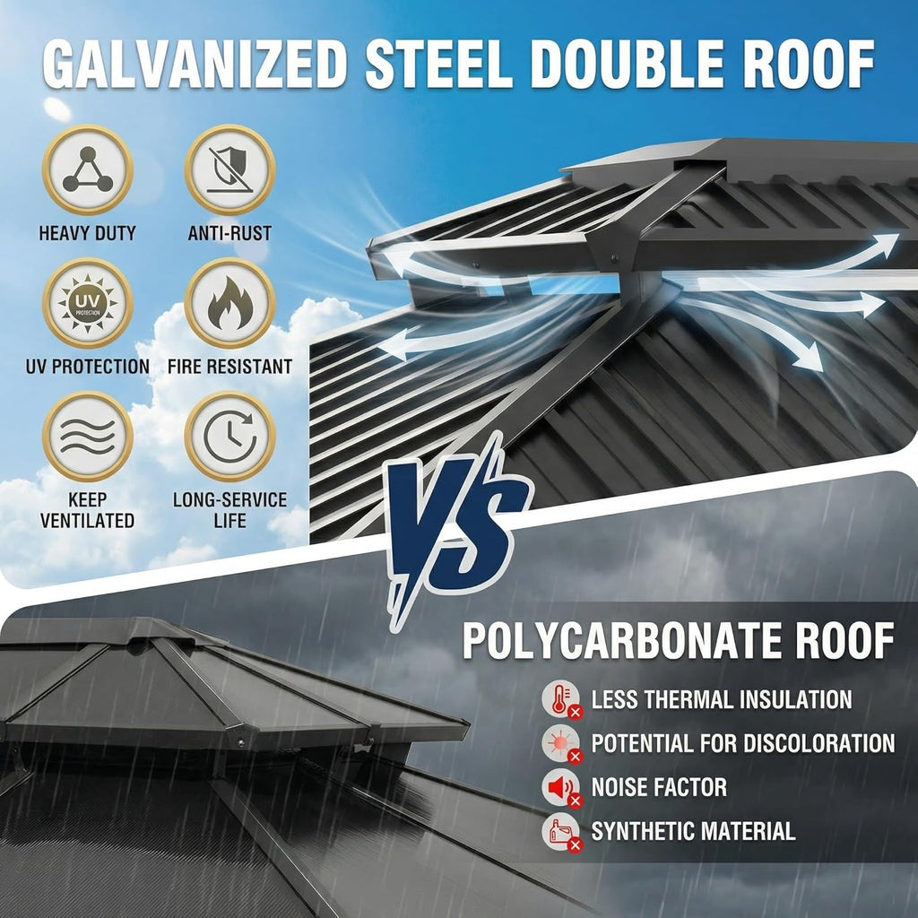 10x15 Hardtop Gazebo On Clearance with Galvanized Steel Double Roof,Heavy Duty Gazebo with Flame-Retardant Curtain &