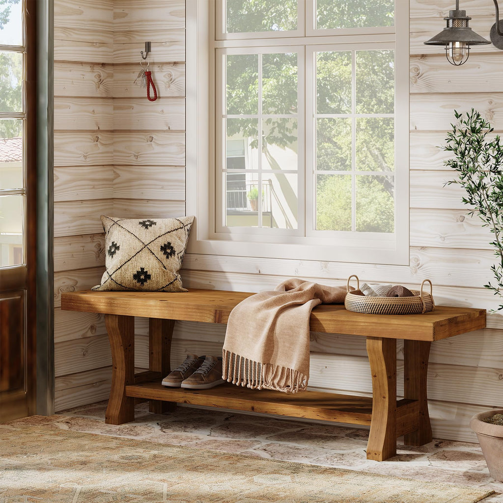Solid Wood Entryway Bench, 55" End of Bed Bench, Long Indoor Dining Seat, Easy Assembly, Brown