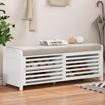 Shoe Bench with Storage and Cushion, Farmhouse Distressed Shutter Storage Bench with Retro Charm, White