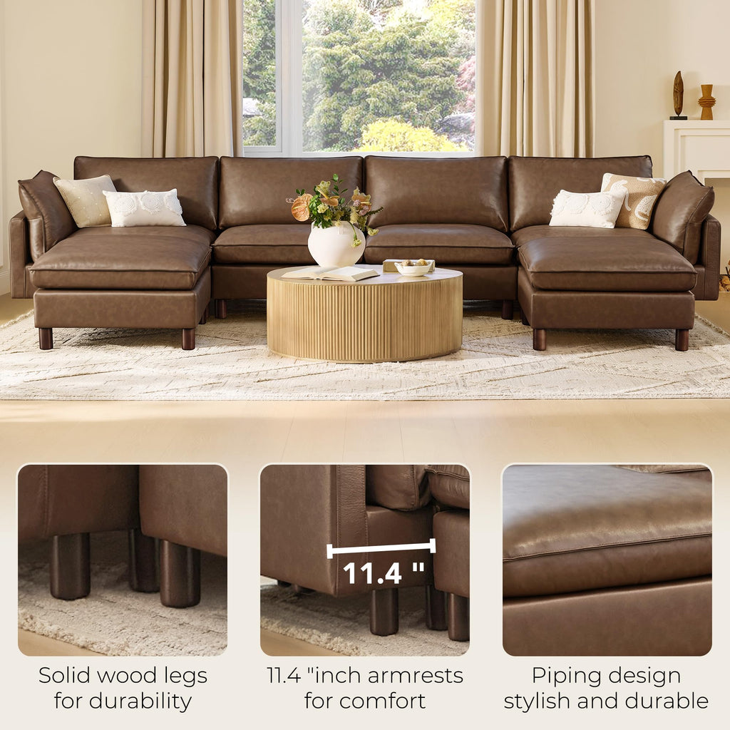 118" Leather Super Large Sectional Couches, Modular Sofa, Premium Genuine Leather Sofa, Down Filled, High Density