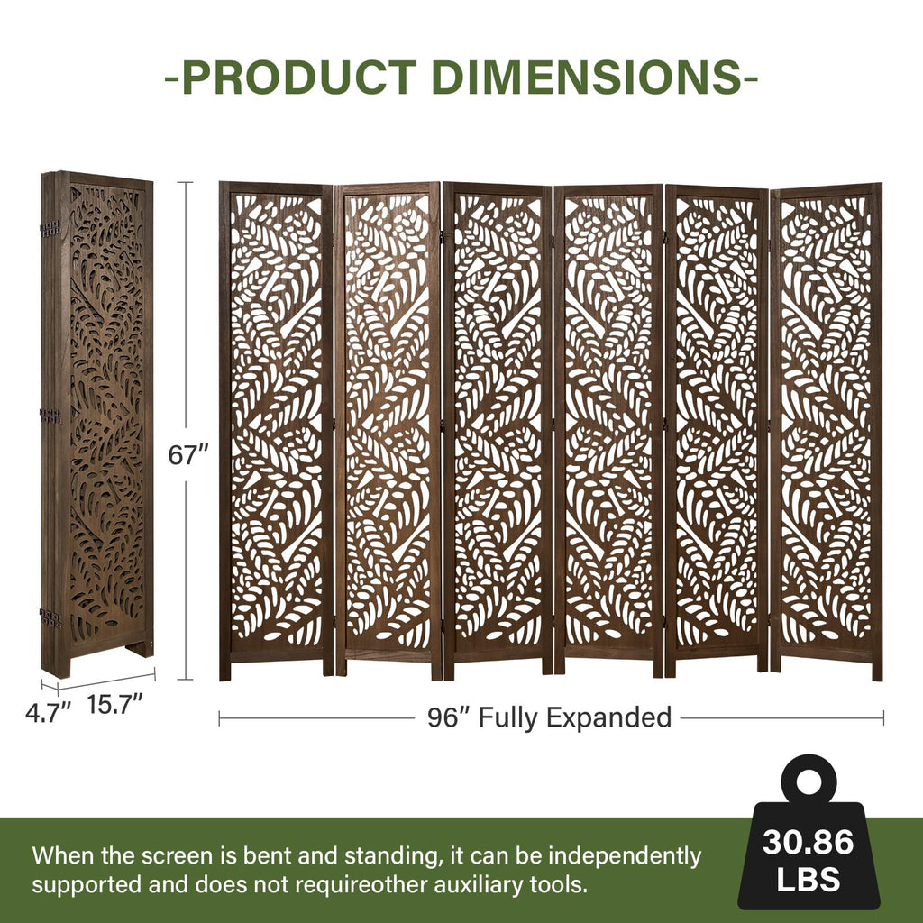 Leaf-Carved Room Divider Privacy Screen - 67 Inch Tall Foading Decorative Wood Screen Dividers Panel - Natural Wood