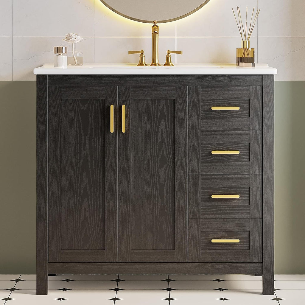 36 Inch Black Bathroom Vanity with Sink, Modern Single Sink Bath Vanity with Drawers & 2 Doors