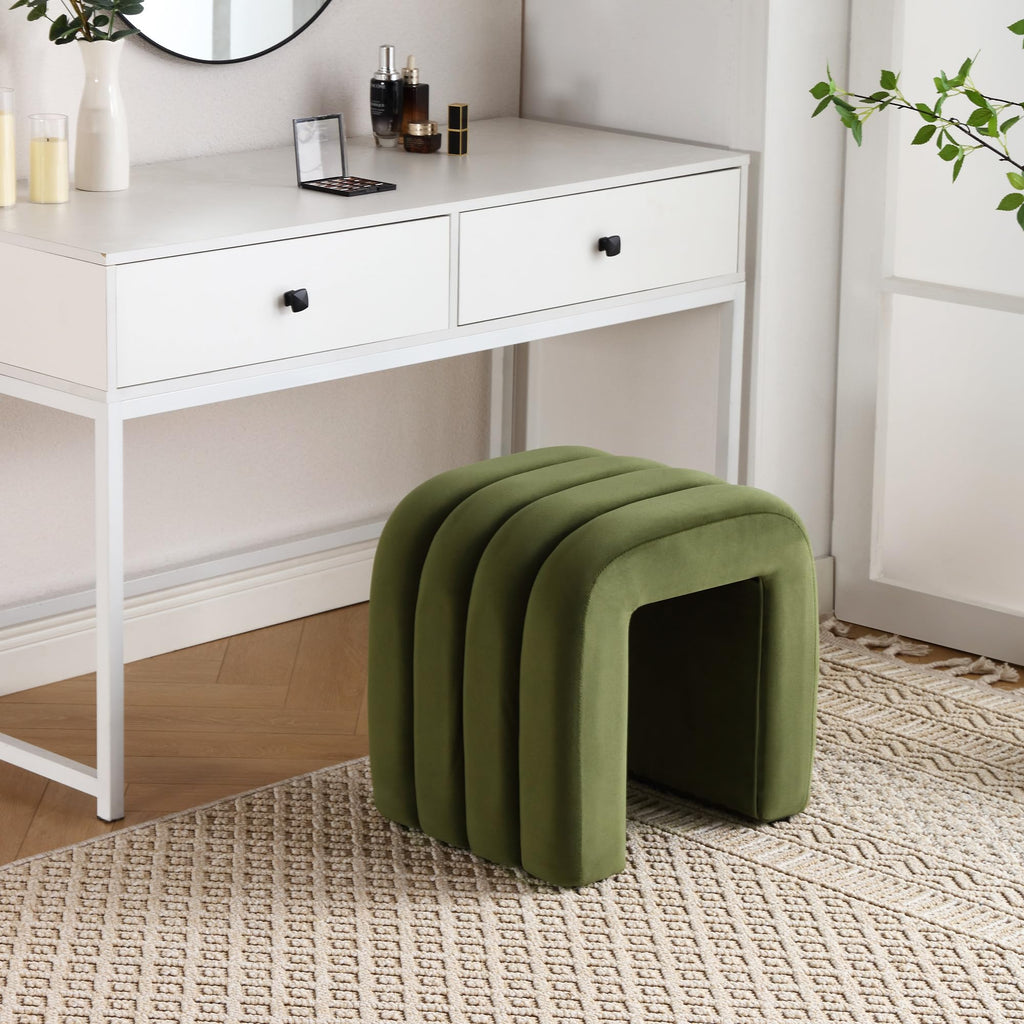 Velvet Pouf Ottoman, Olive Green Foot Rest for Couch 18 inch Cute Vanity Chairs for Makeup, Sturdy Frame, Living Room