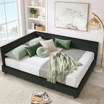 Queen Size Daybed L-Shaped, Modern Velvet Upholstered Sofa Day Bed Frame with Wood Slats Bedroom Guest Room, No Box