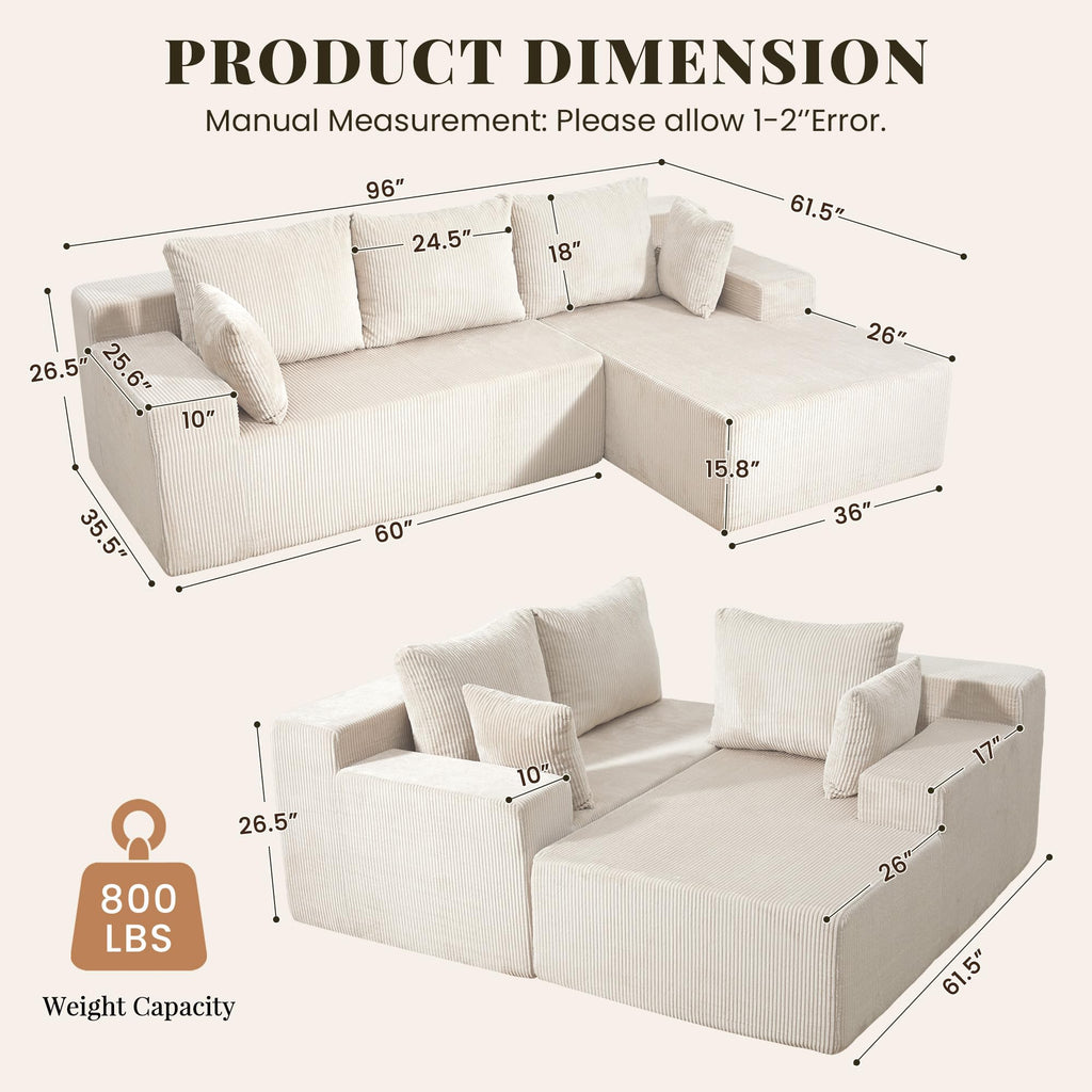 Cloud Sectional Boneless Couches, Modular L Shaped Couch with Deep Seat Oversized Right Facing Chaise, Memory Foam