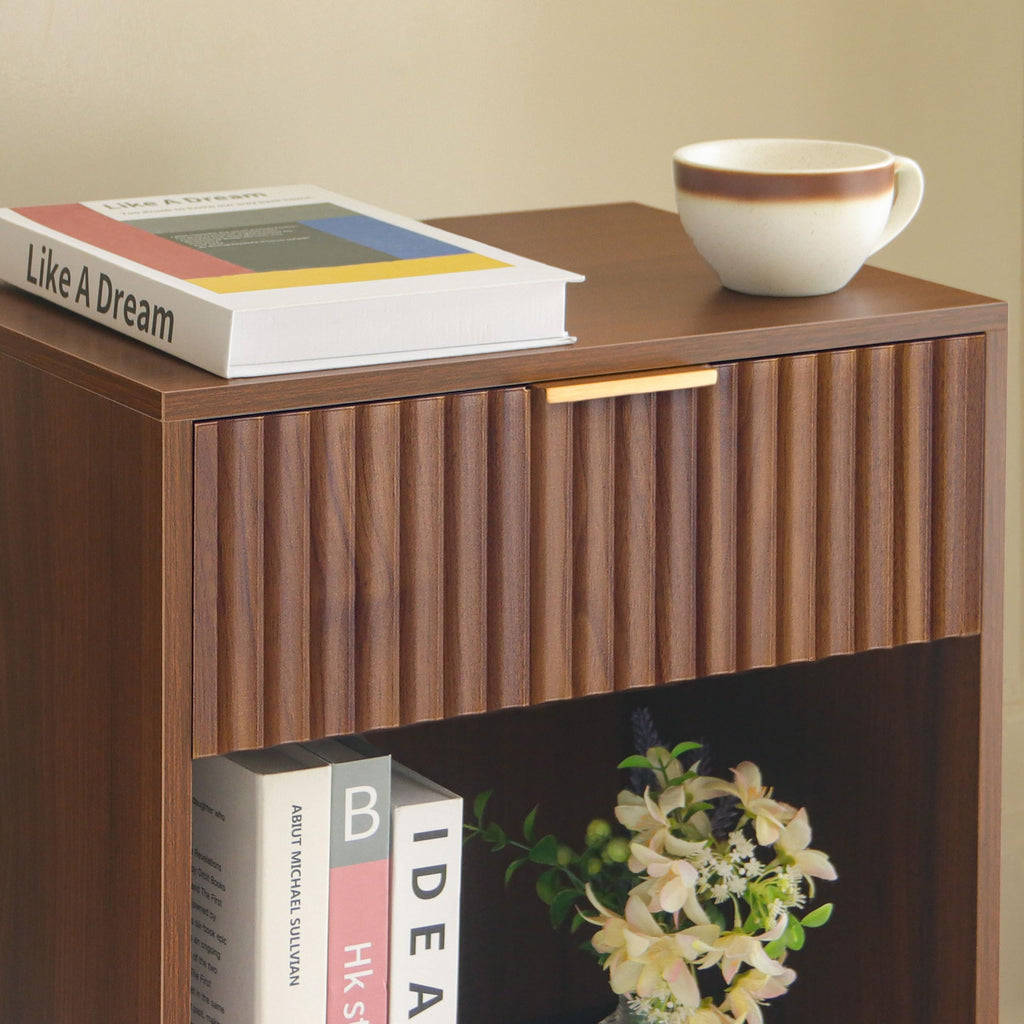 Walnut Nightstand, Fluted Bedside Table with Drawer and Open Shelf