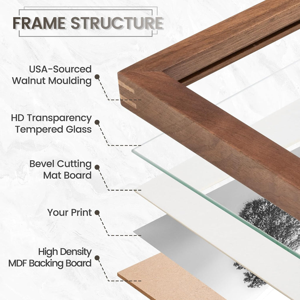 24x36 Poster Frame, USA-Sourced Natural Walnut Wood Picture Collage Frame with HD Tempered Glass, Modern Simple 24 x