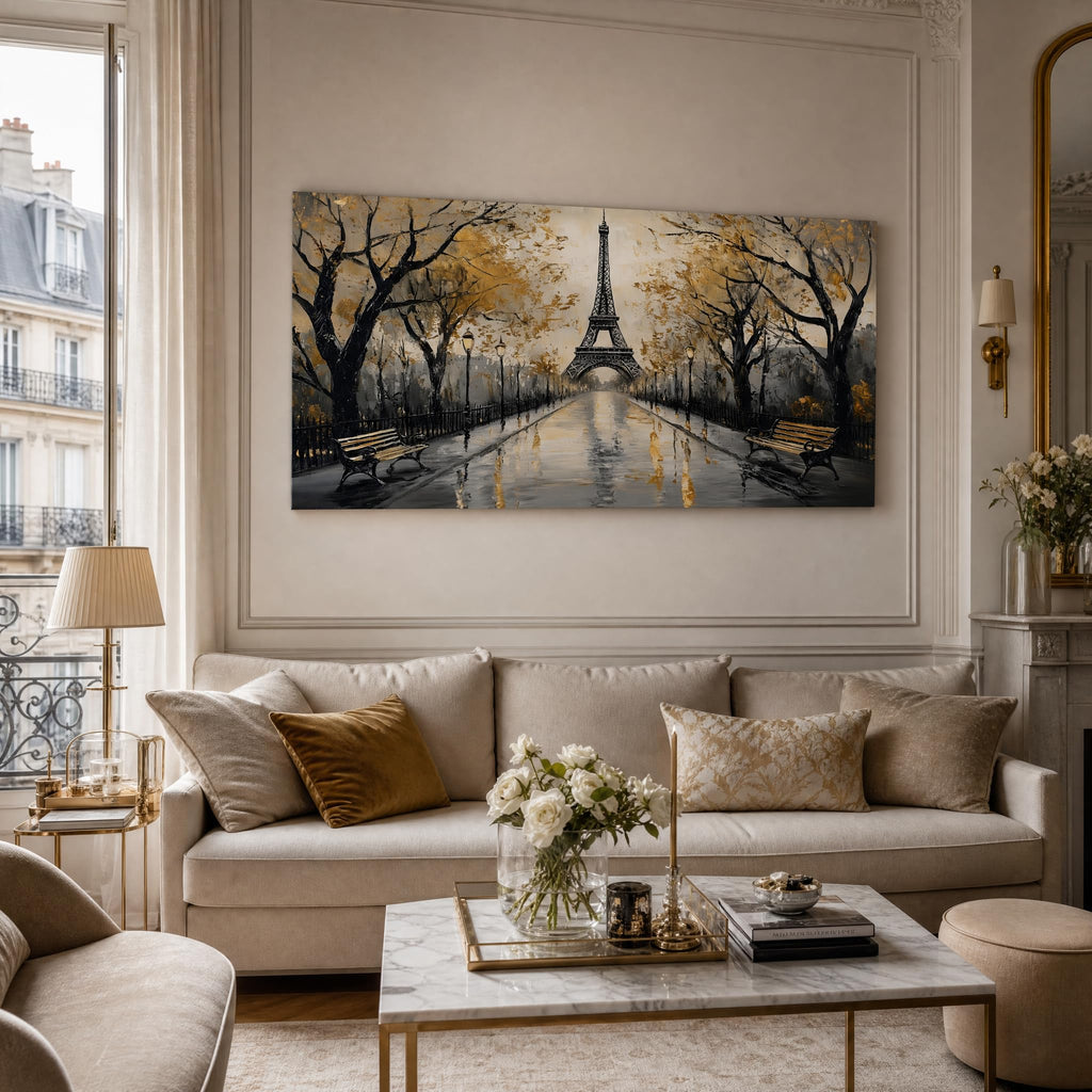 Romantic Paris Eiffel Tower Canvas Wall Black and Gold Cityscape Painting Print Gallery Wrapped Vintage City Artwork