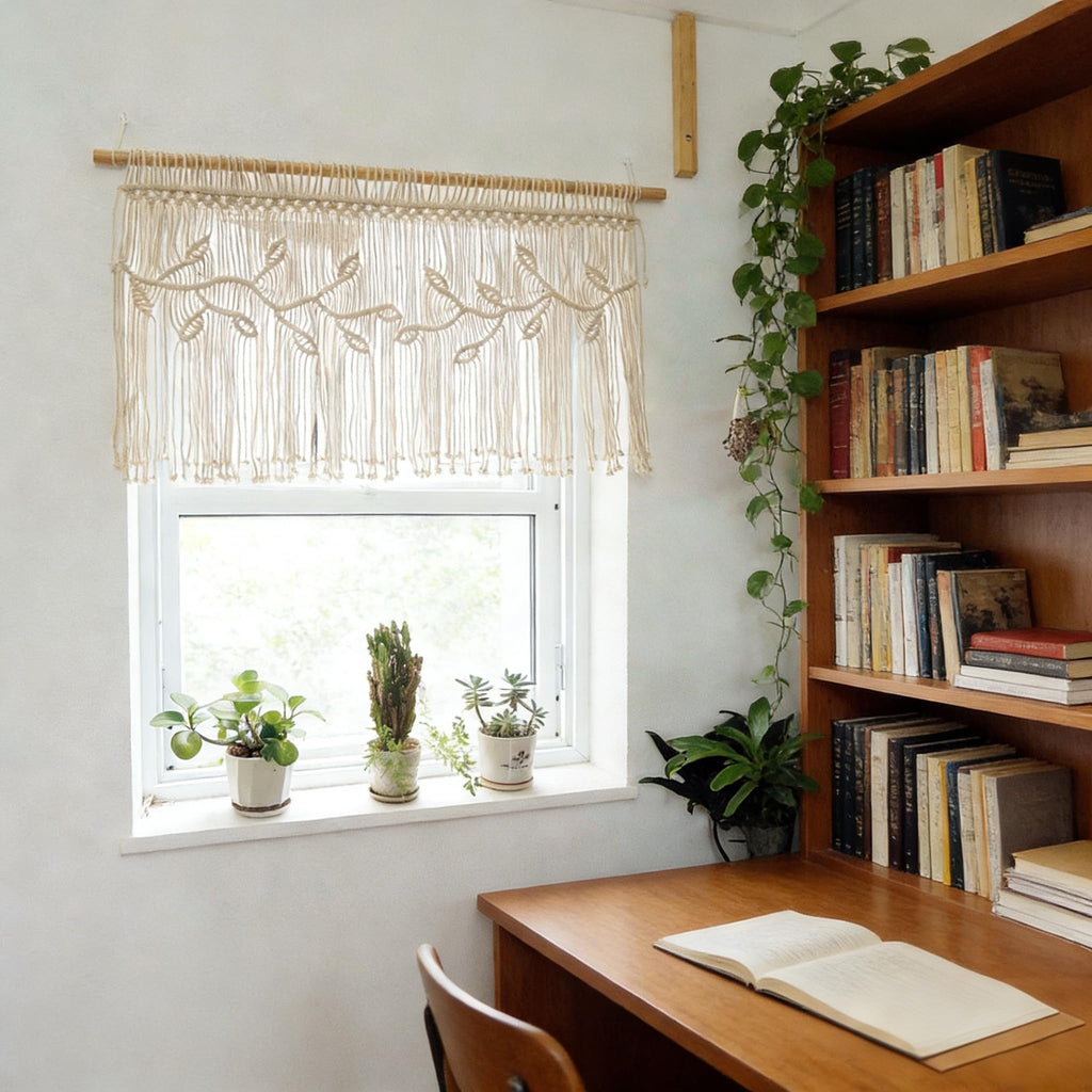 Macrame Valance Curtain for Kichen Windows 35.43*23.62Inch Farmhouse Boho Curtains Window Valance with Tassels Leaf