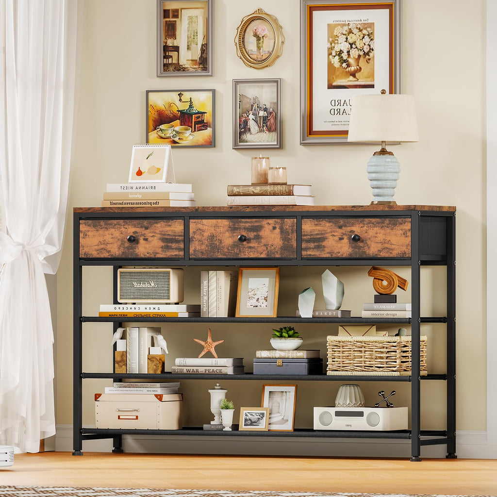 4 Tier Shoe Rack with 3 Drawers & 3 Oxford Fabric Shelves, Holds 15-18 Pairs, Metal Shoe Storage with Wood Top, Shoe