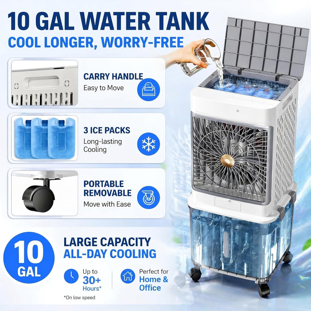 Upgraded Cooling 10 Gallon Evaporative Air Cooler, Swamp Cooler with 120° Oscillation, 7-Hour Timer, Remote Control