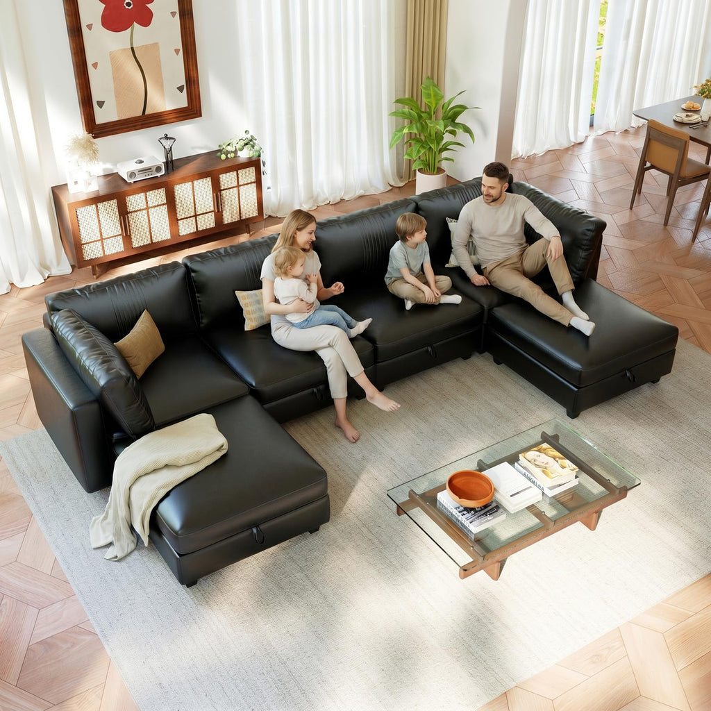 128" 6 Seat Modular Sectional Sofa, Convertible L & U Shaped Couch with Storage, Modern Leather Couch with Ottomans
