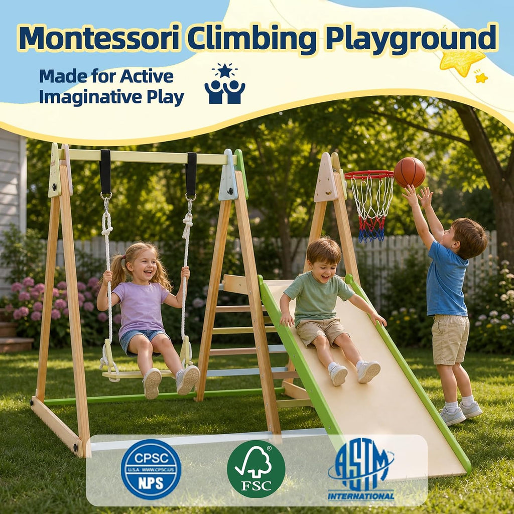Montessori Climbing Set with Slide, Swing & Basketball Hoop, Ages 1-7