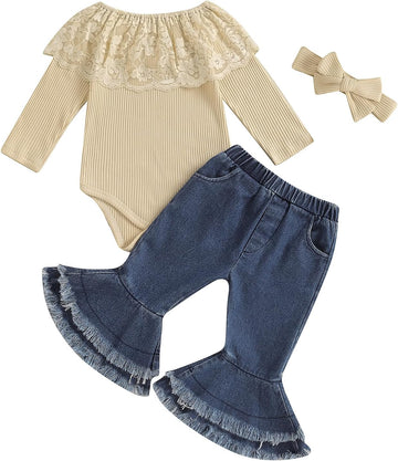 Girl Clothes Lace off shoulder knit sweater Romper Bodysuit Flare Pants Bow headband set 3Pcs Newborn Fall Outfit