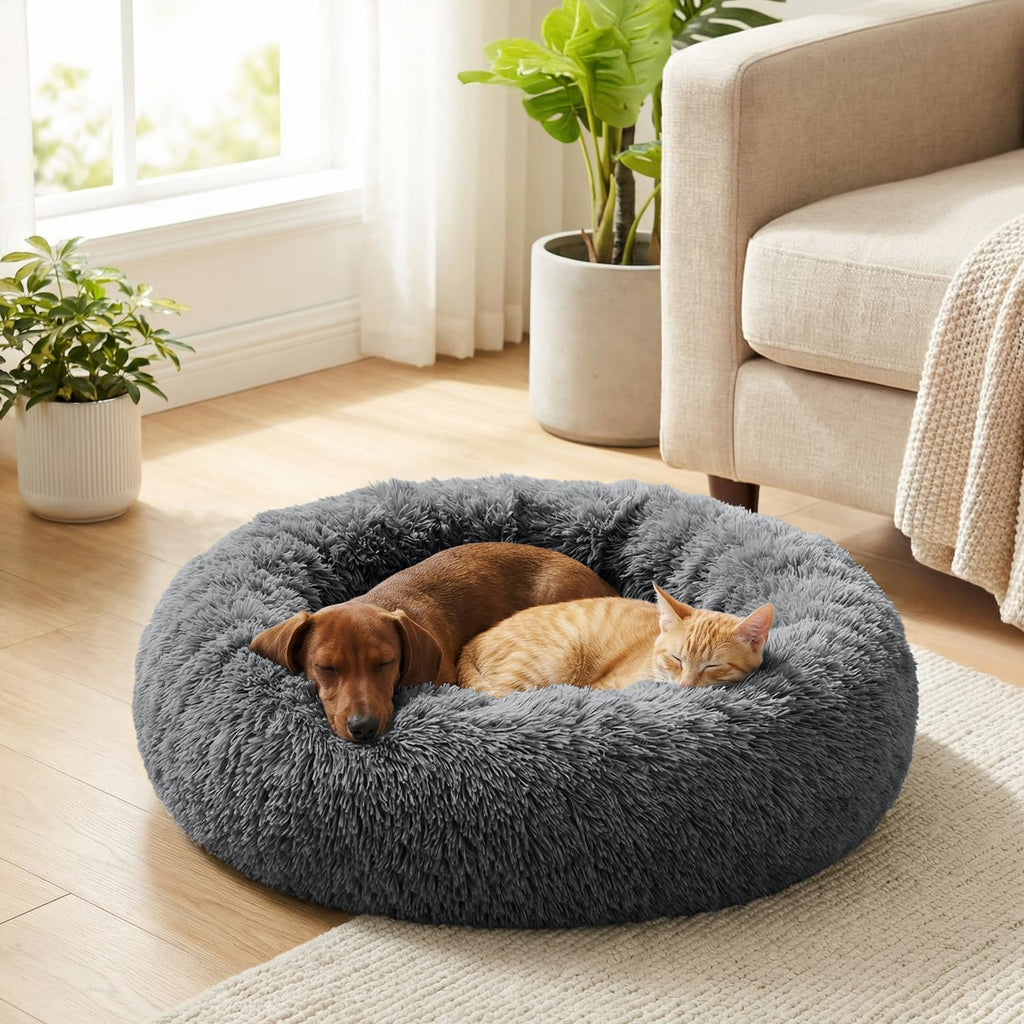Calming Donut Dog Bed, Washable Faux Fur, Medium, Grey