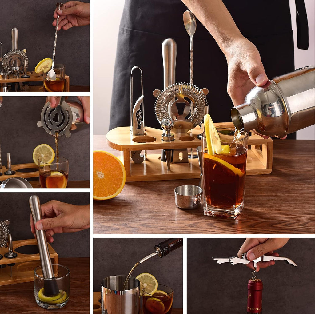 Cocktail Shaker Set Bartender Kit : 12-Piece Bar Tool Set with Bamboo Stand | Bars Set with All Practical Bar