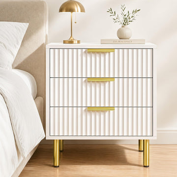 White and Gold Nightstand, 24" Tall Fluted Bedside Table, 3 Drawers