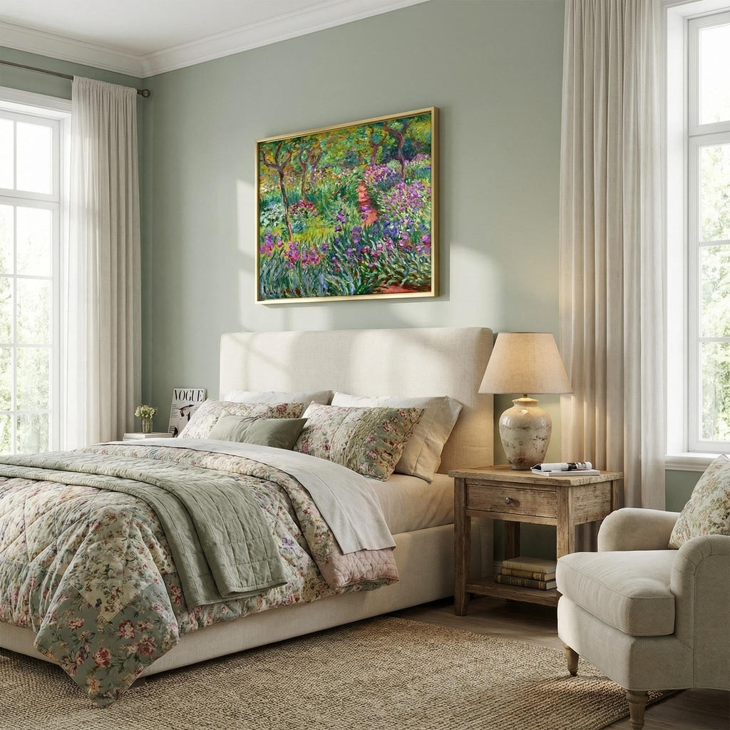 Framed Claude Monet Purple Gold Green Wall Art - Monet Canvas Wall Art with Water Lilies & Garden at Giverny