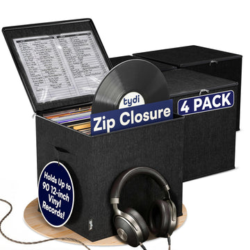 Vinyl Record Storage Box with Zip Closure - Holds Up to 90 12 Inch Vinyl Records - Collapsible Crate, LP Storage