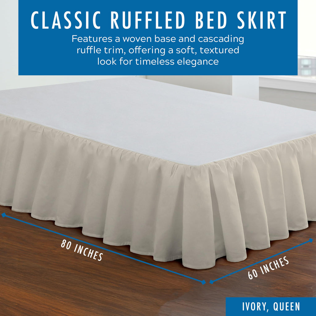 Bedding Ruffled Bedskirt, Classic 14" Drop Length, Gathered Styling, Queen, Ivory (FRE30114IVOR03)