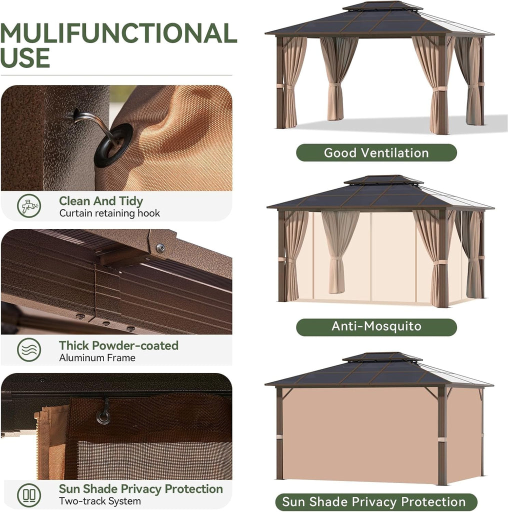 10'x12' Hardtop Gazebo, Metal Frame Permanent Pavilion with Light, Curtains and Netting, Outdoor Polycarbonate