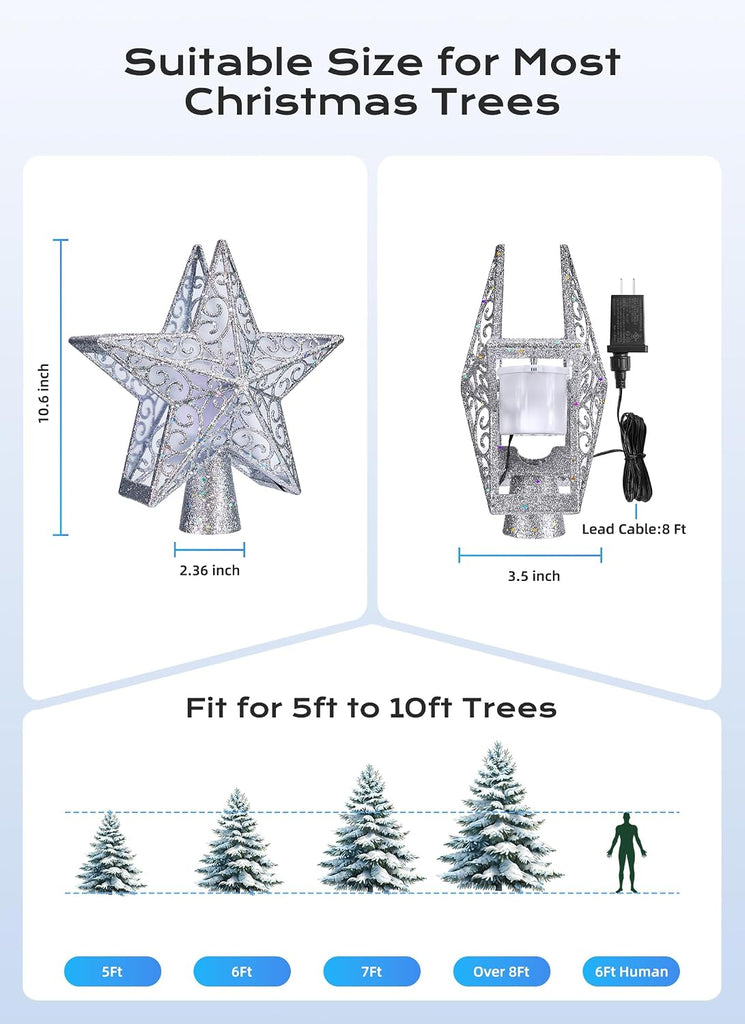 Star Tree Topper with Snowflake Projector Xmas Decoration Silver