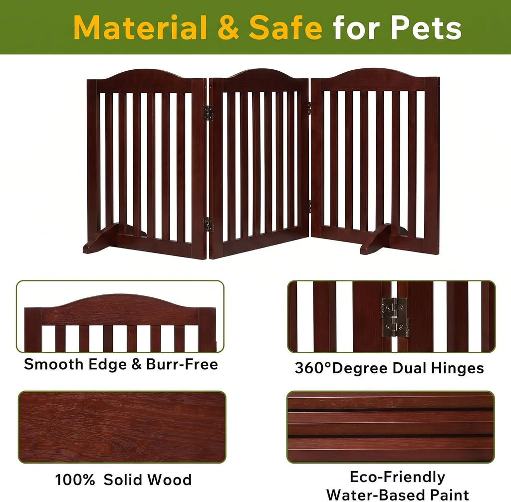 60'' Foldable Pet Gate Doorway for Dogs, Brown 3 Panels Step Over Fence