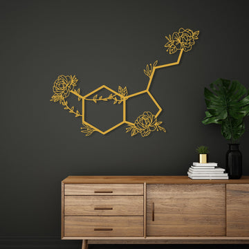 Serotonin Metal Wall Art, Flowered Serotonin Molecule Symbol of Happiness Wall Decor, Unique Black Metal Home Decor