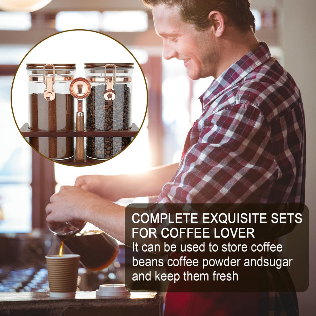 Glass Coffee Container with Wooden Shelf, 2 x 40 FLOZ Coffee Bean Storage with Sealed Closure Clips and Copper Spoon