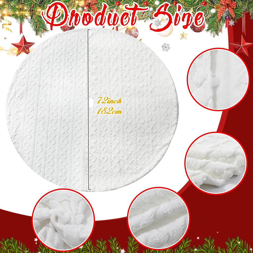 72 Inch Large Faux Fur Christmas Tree Skirt for 7.5ft to 12ft Tree Crossed Diamond Textured Pattern White Christmas