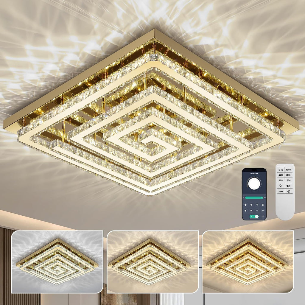 43" Modern Gold Crystal Chandelier with Remote/App Control, Dimmable Flush Mount Ceiling Light Fixture,3-Color
