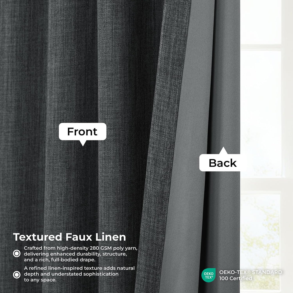 Faux Linen Pleated Curtains (1 Panel) - 25W x 108L, Dark Gravel