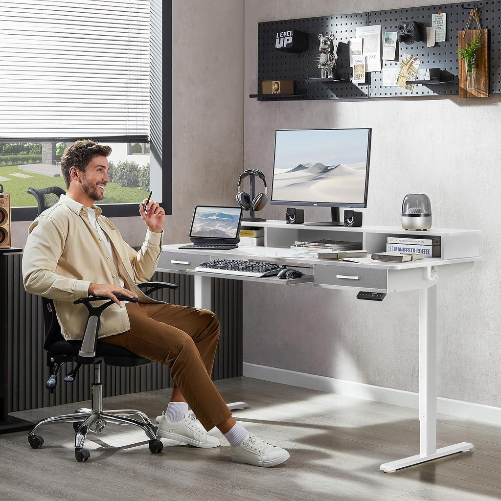 55 Inches Electric Standing Desk with Keyboard Tray, Height Adjustable Sit to Stand Table with 2 Drawers, Ergonomic