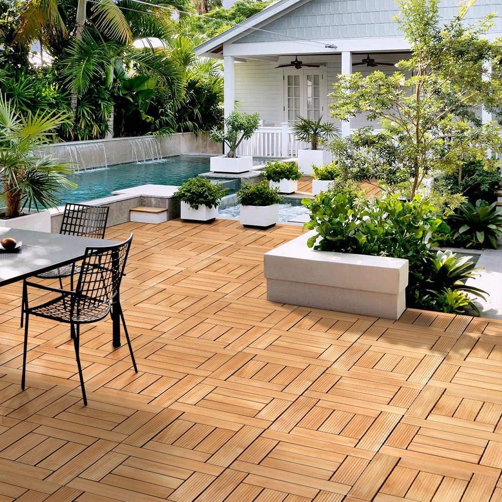 27PCS Patio Deck Tiles Interlocking Wood Decking Floor Tiles 12 x 12in Natural Wood for Outdoor & Indoor Patio Garden