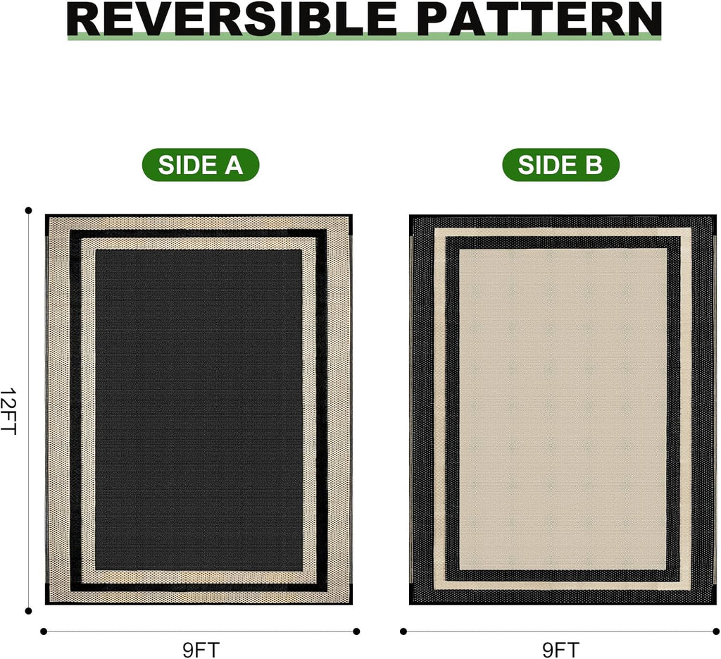 Outdoor Rugs Waterproof s Clearance,Large Plastic Straw Mats for Backyard,Porch,Deck,Balcony,Black&Beige