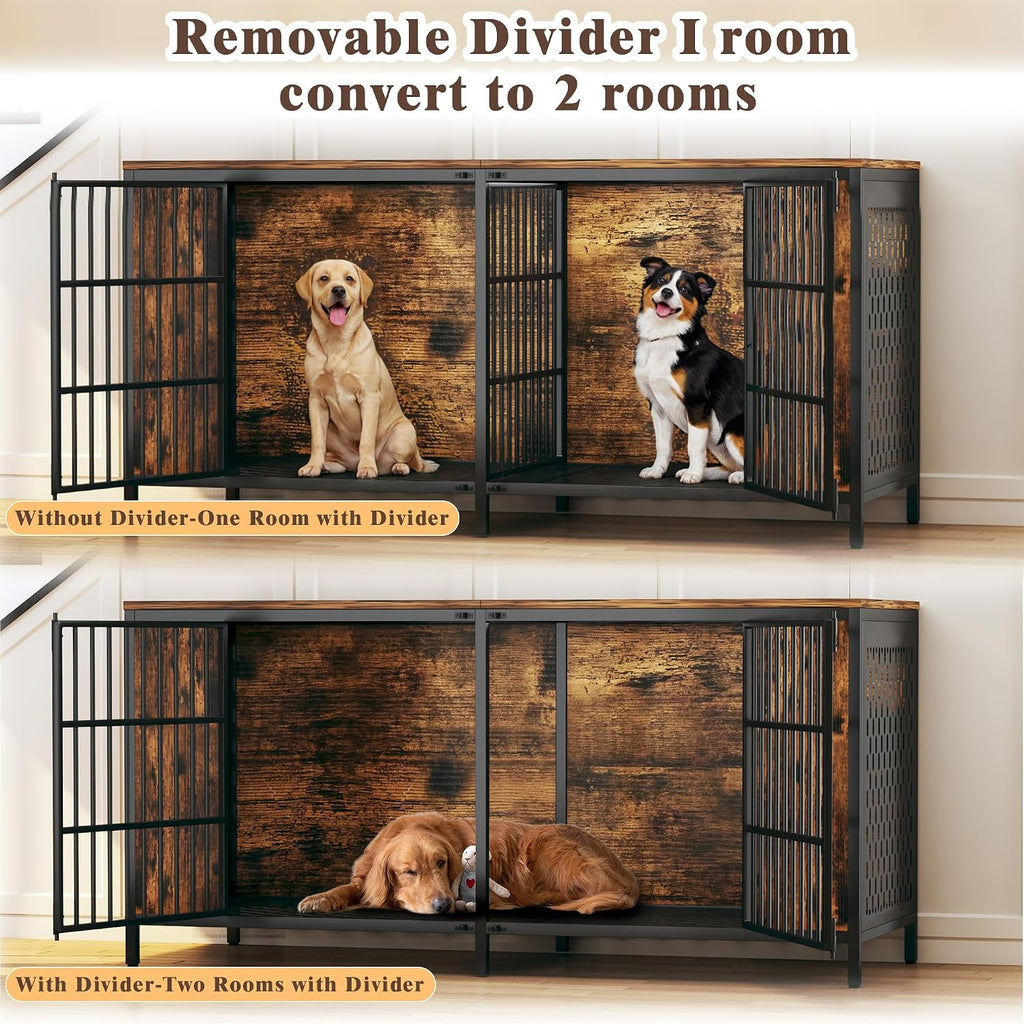 63" Large Double Dog Kennel Furniture for 2 Dogs - Extra Sturdy XXL Metal & Wooden Medium Dog Cage with Removable