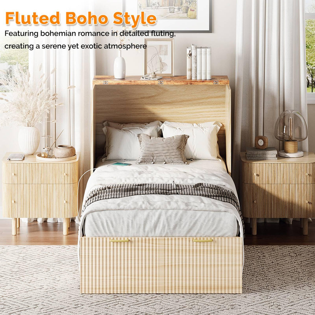 Twin Murphy Bed with Storage Drawer, Fluted Wooden Foldable Bed Cabinet with Charging Station, Boho, Hideaway Paltform