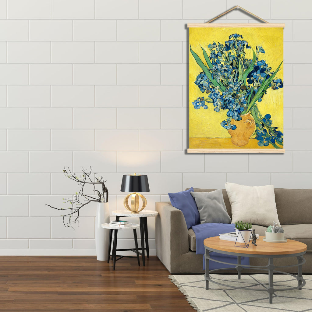 Vincent Van Gogh Canvas Wall Decor - Irises Vase Print on Yellow Background - Classic Art Reproduction - Wooden Frame