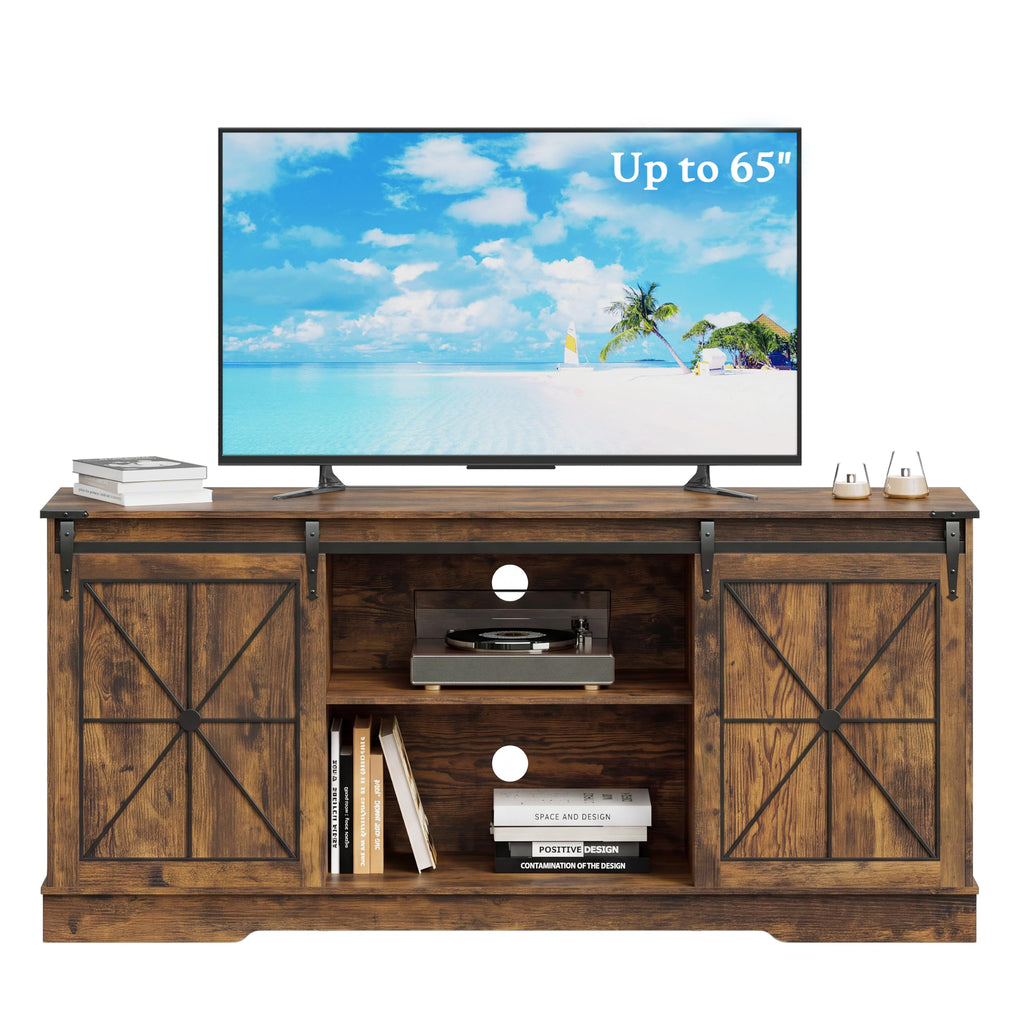 Farmhouse TV Stand for 65 Inch TV with Sliding Barn Doors, Brown