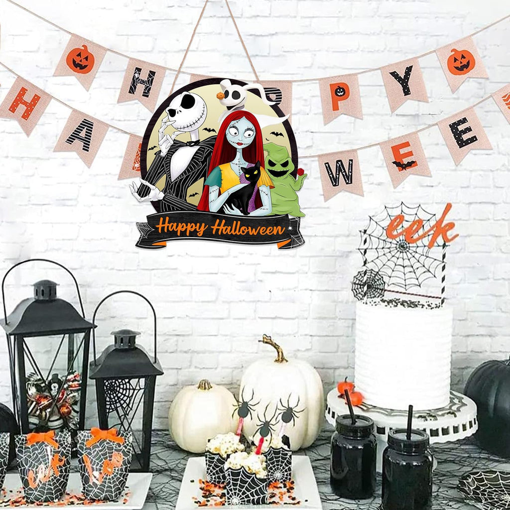 Halloween Door Sign Cartoon Nightmore Wreath Decorations ,Happy Halloween Hanging Signs Front Door Decor ,Rustic