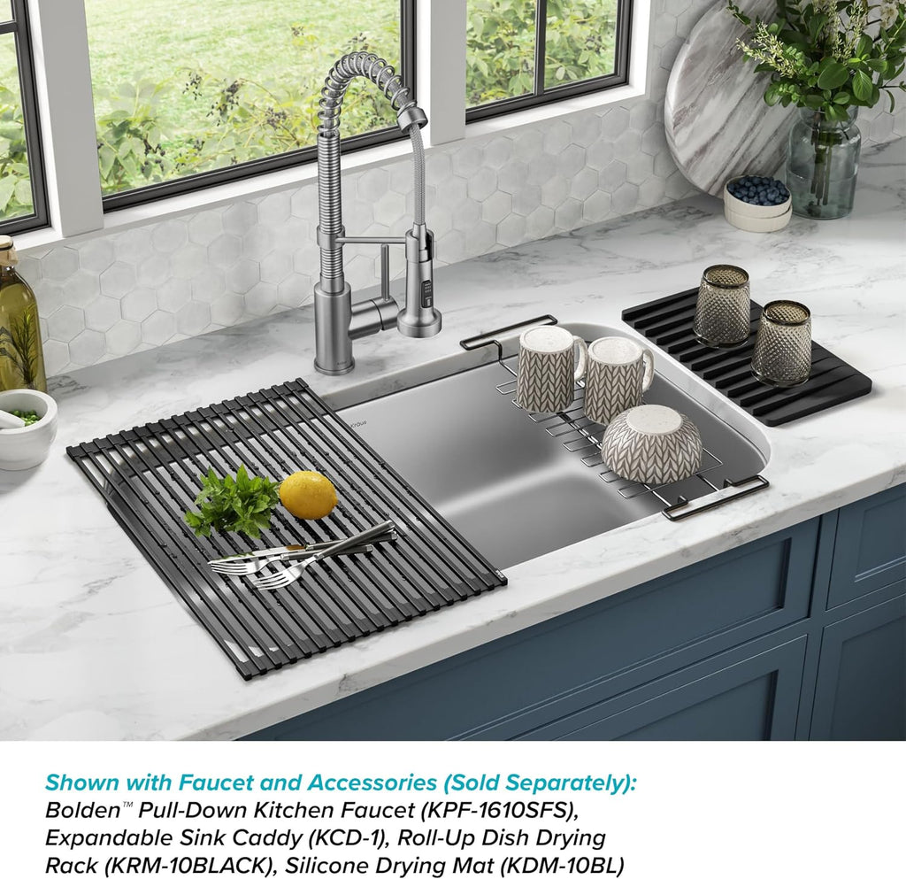 Stainless Steel 32 in 18 Gauge Undermount Kitchen Sink KBU44 | 18-gauge T304 stainless steel, rear-set drain, rounded