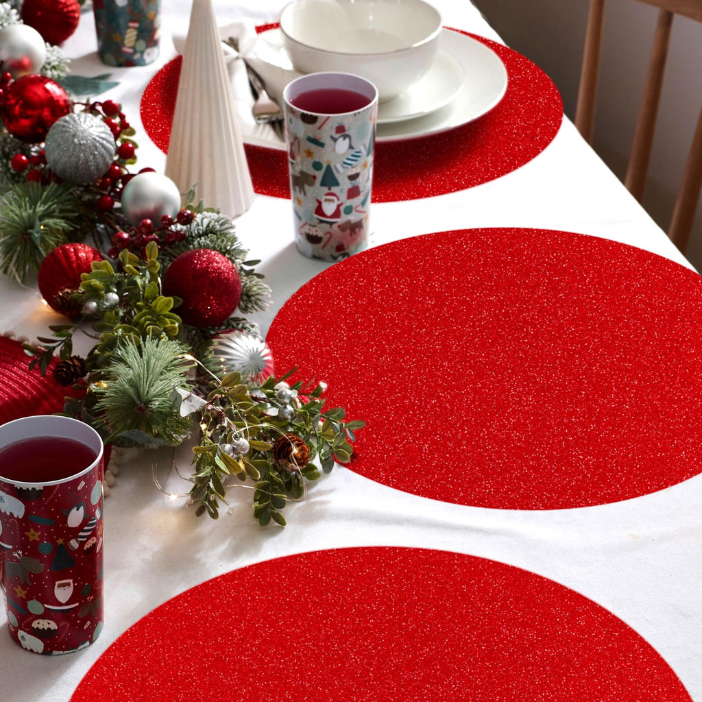 50 PCS Red Paper Placemats Round Place Mat Glitter Disposable Paper Charger Doilies Tablemats for Christmas