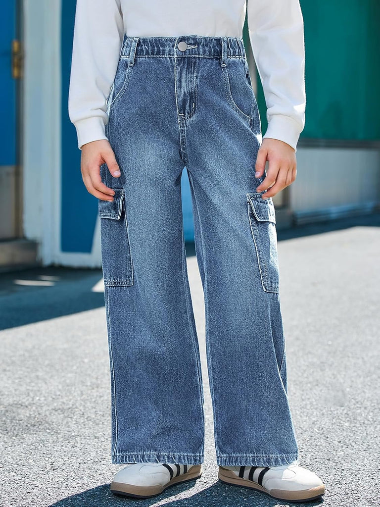 Boys Cargo Jeans Kids Baggy Elastic Waist Wide Leg Denim Pants with Pockets