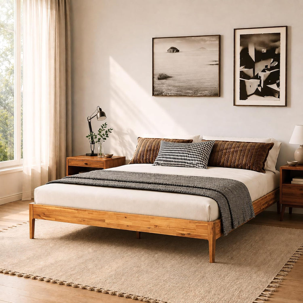 Camila 14'' Luxury Acacia Wood Bed Frame - Heavy Duty Platform, Japanese Joinery Bed Frame, No Box Spring