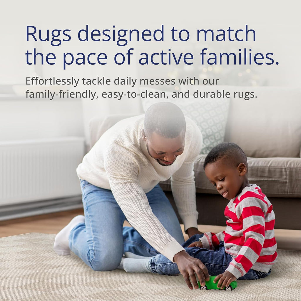 Plush Deco Collection Cream Area Rug - Checkered Pattern, Machine Washable, Non-Shedding, Easy to Clean