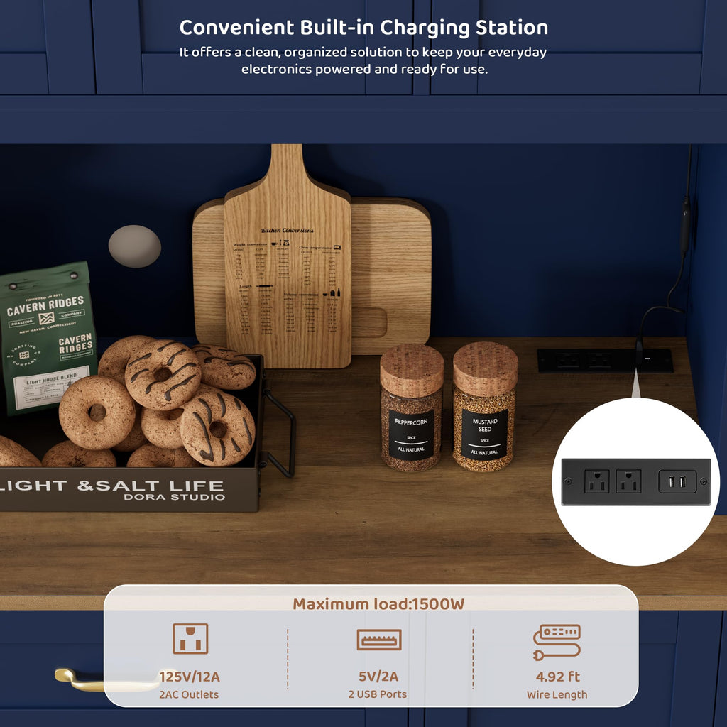 70" H LED Kitchen Pantry Cabinet, Hutch with Charging Station, Blue