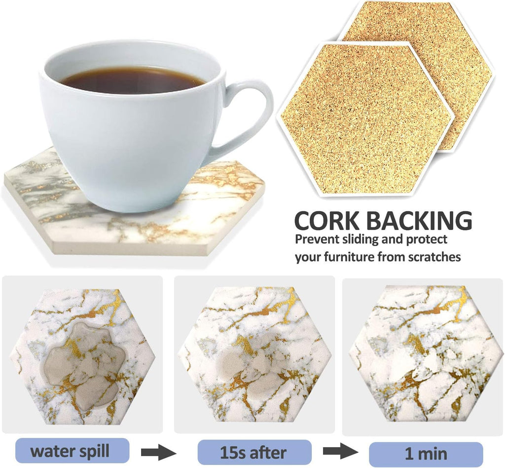 Coasters with Metal Holder Stand, Marble Design Ceramic Coaster Set, Cork Base, Gold Home Decor for Tabletop - Set of 8