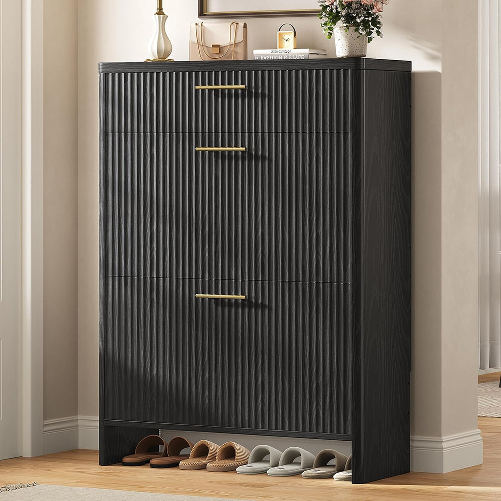 Fluted Shoe Storage Cabinet , Narrow Wooden Shoe Cabinet with 2 Flip Drawers & Pull-Out Drawer, Modern Freestanding