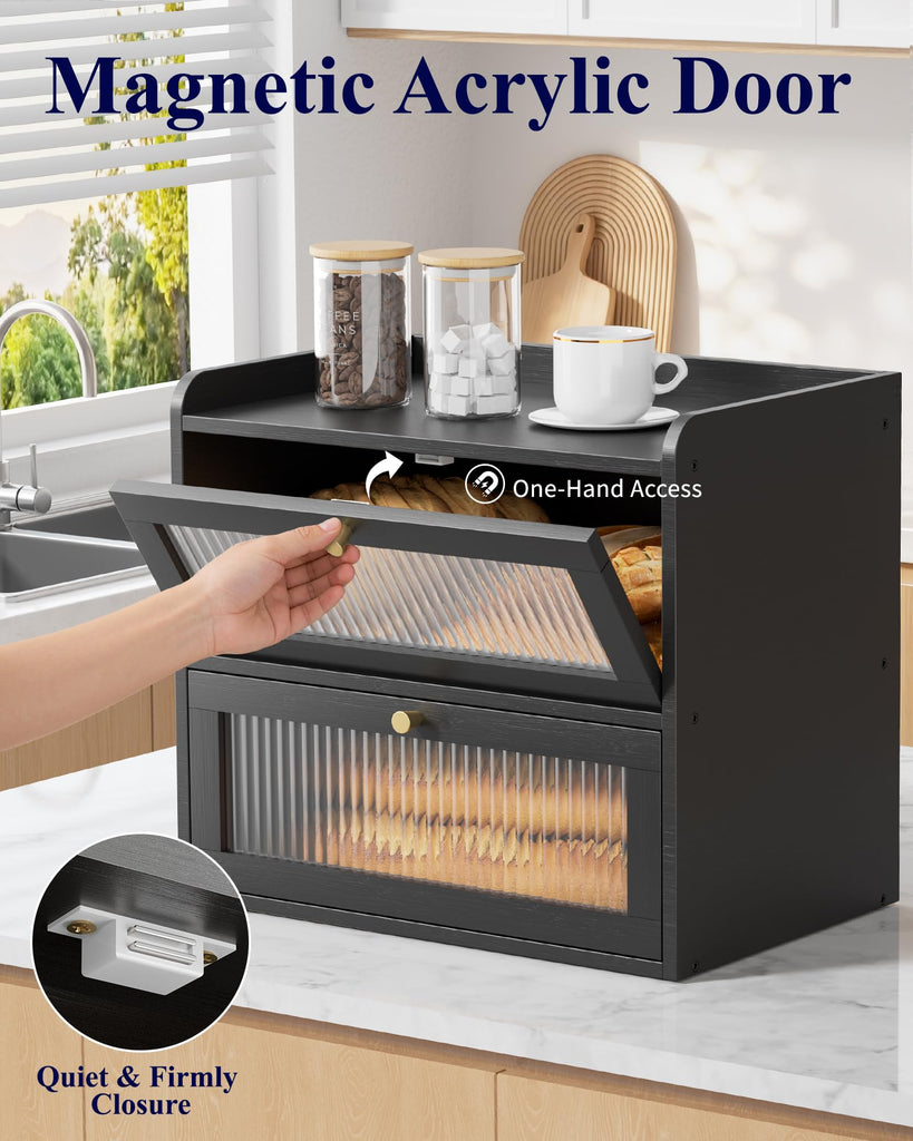 Bread Box - Wooden Countertop, Large Capacity, Black